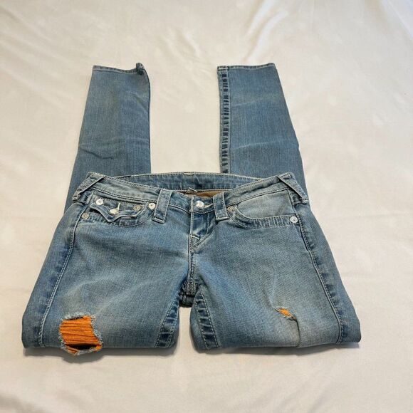 True Religion Crystal Button Skinny Orange Thread Distressed Jeans Size 25 - Picture 3 of 9